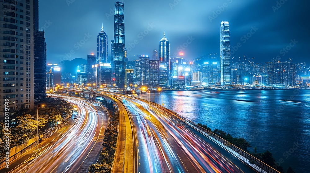 Obraz premium Futuristic Cityscape at Night with Illuminated Skyline and Roadways