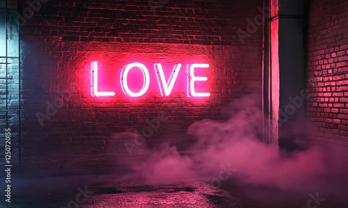 A Vibrant Neon Sign Displaying the Word Love Glowing Brightly with Smoke