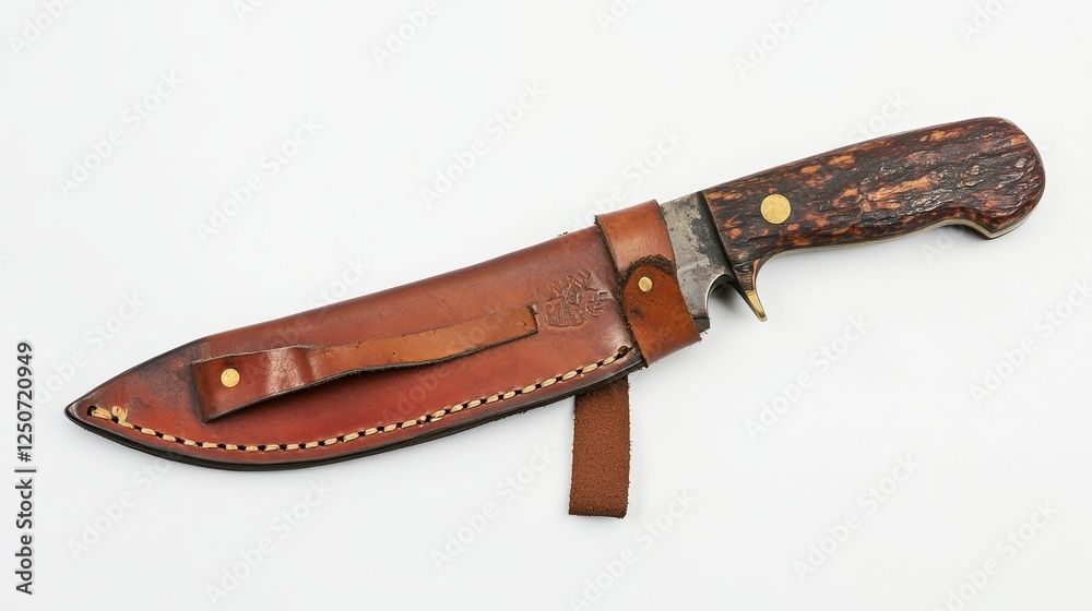 Hunting knife with wooden handle and leather case isolated on white background Hunting knife with wooden handle and leather case isolated on white background