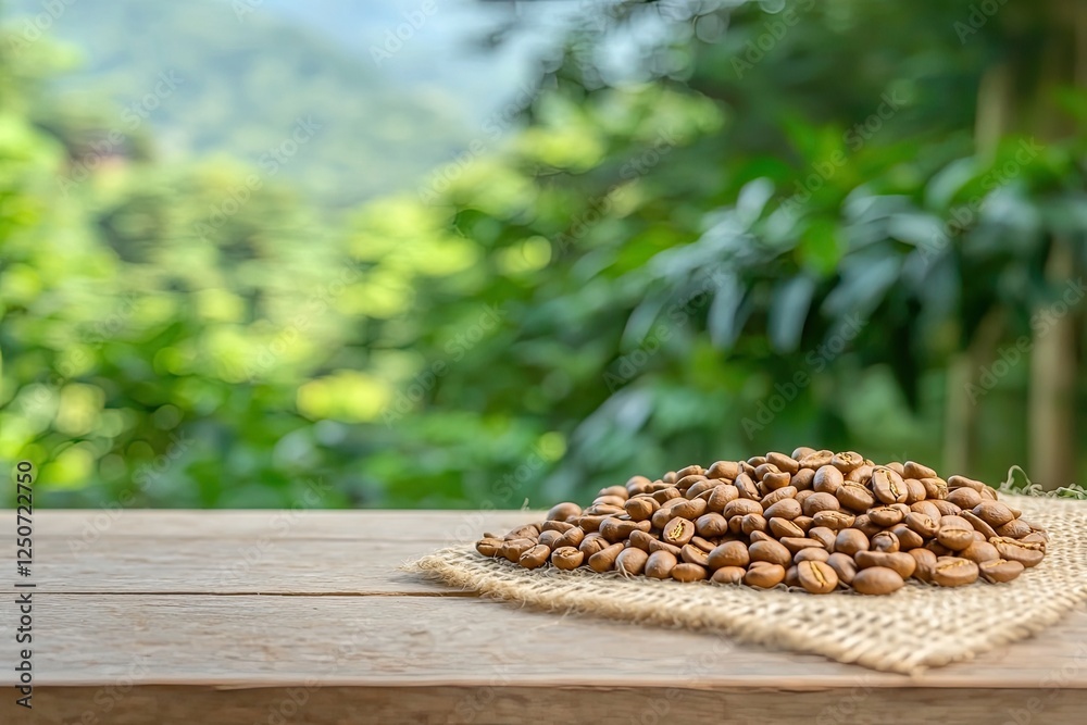 Obraz premium drinks coffee artisanal concept. Coffee beans on a burlap sack with a blurred green background.