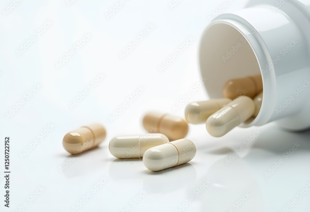 Antibiotic capsules falling from a tipped-over white medicine bottle. Antibiotic capsules falling from a tipped-over white medicine bottle.