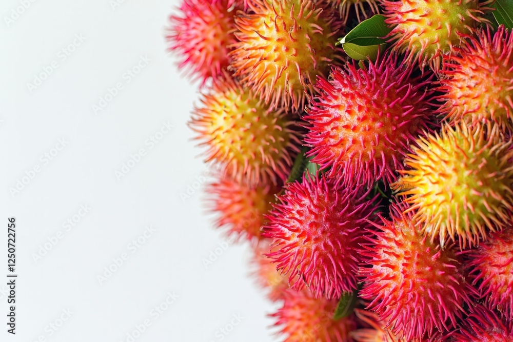 Exotic rambutan with vibrant red spiky skin against the white background. Exotic rambutan with vibrant red spiky skin against the white background.