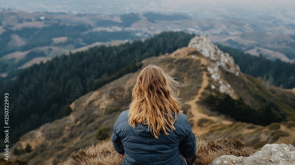 Obraz premium Woman Enjoying Scenic View Sitting on a Mountain Top : Generative AI