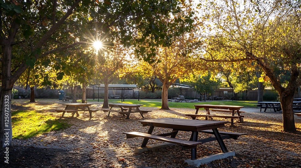 Fototapeta premium Peaceful picnic area with tables under leafy trees, softly illuminated by the golden glow of the early morning sun.
