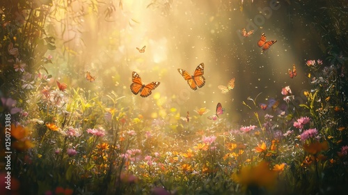 Butterflies flit above a sun-drenched meadow, their vibrant wings catching the light; symbolizing transformation and renewal. Ideal for nature and spring themes.