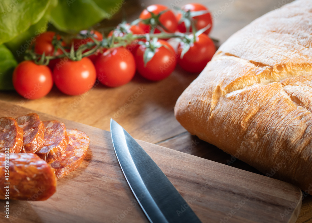 A composition of vegetable and sausages on the table A composition of vegetable and sausages on the table