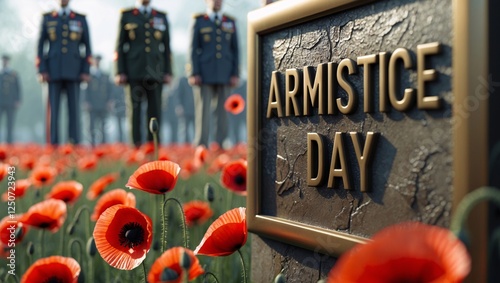 Armistice Day celebration with soldiers honoring fallen heroes in a field of red poppies representing peace and remembrance in a serene outdoor setting photo