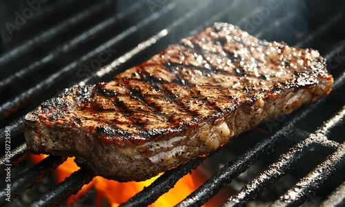A Sizzling Steak on a Grill with Flames Rising as the Meat Cooks