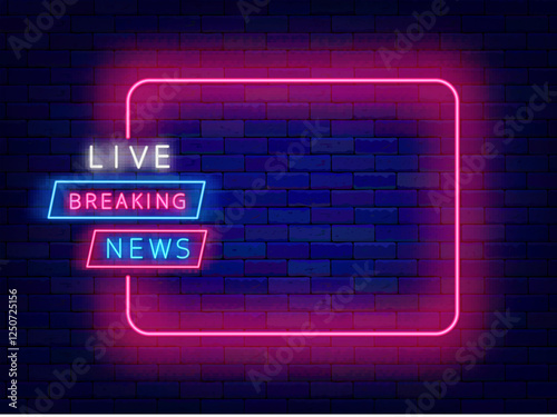 Television neon flyer. Live breaking news. Empty pink frame and text. Headline online information. Vector illustration