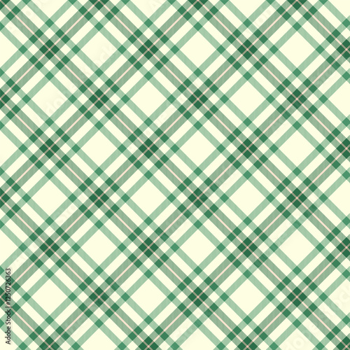 Plaid with twill weave repeat pattern.Checkered tartan gingham seamless pattern in green and beige.Geometric graphic vector illustration background design for fabric and prints.