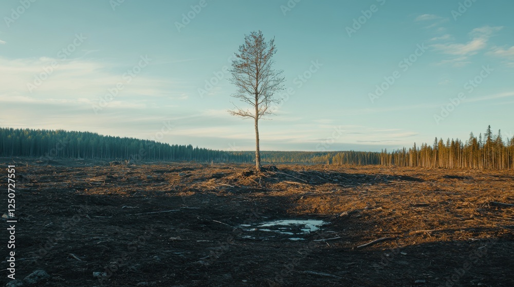 Lone Tree Standing in Clear Cut Forest Landscape at Dusk Lone Tree Standing in Clear Cut Forest Landscape at Dusk