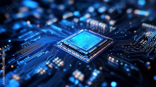 Detailed Close Up of a Blue Microprocessor Chip on Circuit Board : Generative AI