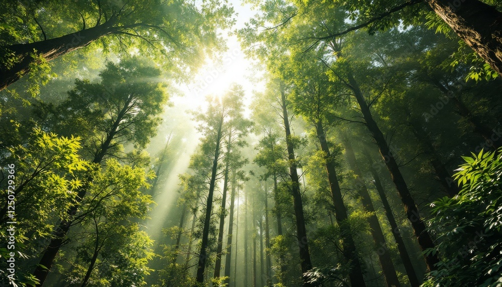 Fototapeta premium Sunlight Streaming Through Tall Trees in a Lush Green Forest