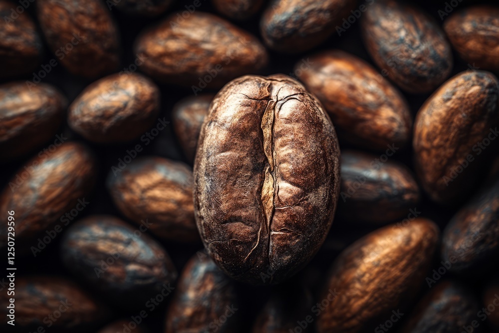 A coffee bean is in the center of a pile of coffee beans A coffee bean is in the center of a pile of coffee beans