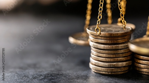 Balanced scales with coins symbolizing financial concepts like wealth and investment decisions : Generative AI photo