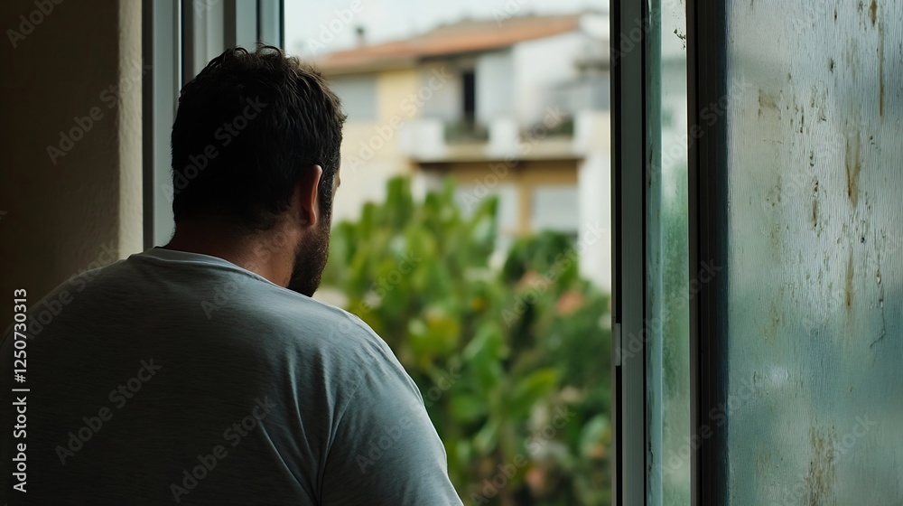 Contemplative Man Looking Out of a Window at Lush Greenery in a Residential Area : Generative AI Contemplative Man Looking Out of a Window at Lush Greenery in a Residential Area : Generative AI