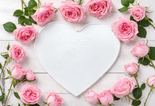 Pink rose flowers and heart with space for text