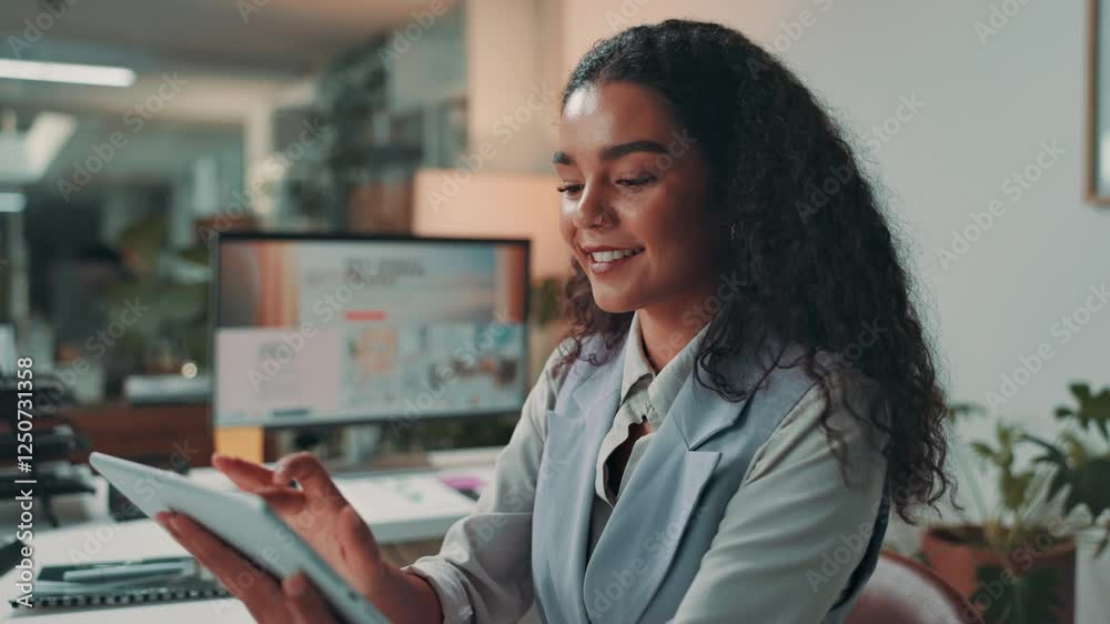 Tablet, research and business woman in office for marketing solution, campaign or brand image. Digital technology, online and happy worker check schedule, scroll email or typing ad review for project