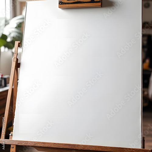 Blank Canvas on Easel: A pristine white canvas mounted on a wooden easel awaits the touch of an artist's brush,  ready to be transformed into a masterpiece.  