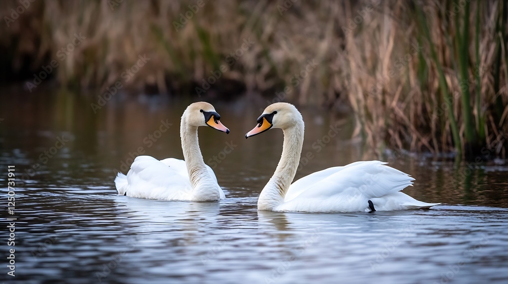 Two elegant swans gracefully swimming together on a serene lake surrounded by tall grass : Generative AI Two elegant swans gracefully swimming together on a serene lake surrounded by tall grass : Generative AI
