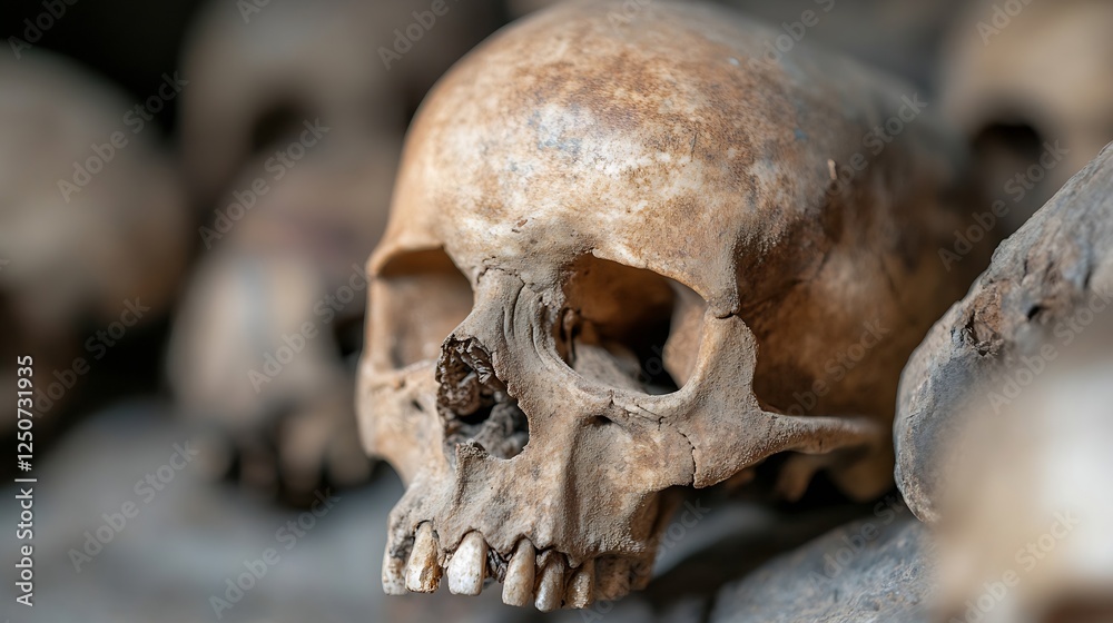 Close up of an ancient human skull resting among other skulls in a dimly lit environment : Generative AI Close up of an ancient human skull resting among other skulls in a dimly lit environment : Generative AI