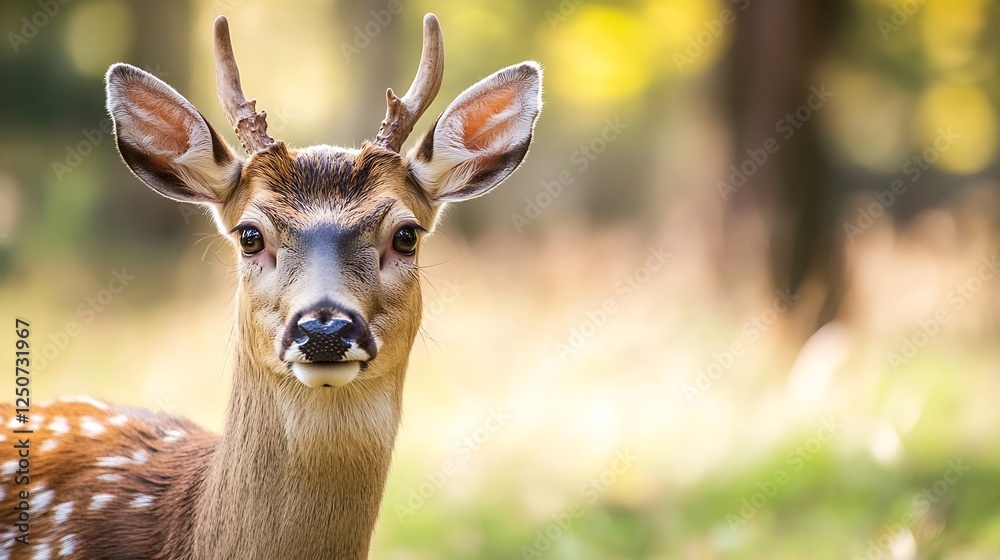 Fototapeta premium Majestic deer with antlers looking into the camera in a tranquil forest : Generative AI