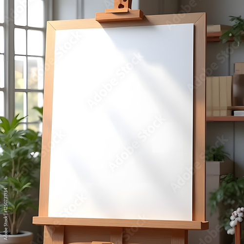 Blank Canvas on Easel: A pristine white canvas, stretched taut on a wooden easel, stands ready for artistic creation. The soft.