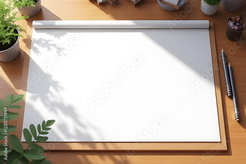 Blank Paper Mockup on Wooden Frame: A pristine blank sheet of paper rests on a wooden frame, set against a warm wooden desk. Sunlight streams in, casting delicate shadows from potted plants.