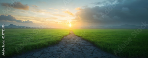 Sunset path, rice field, mountains, hope