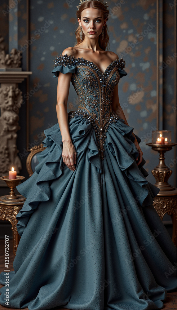 Woman in a blue royal gown in a palace setting, perfect for blogs, event design, or historical storytelling Woman in a blue royal gown in a palace setting, perfect for blogs, event design, or historical storytelling