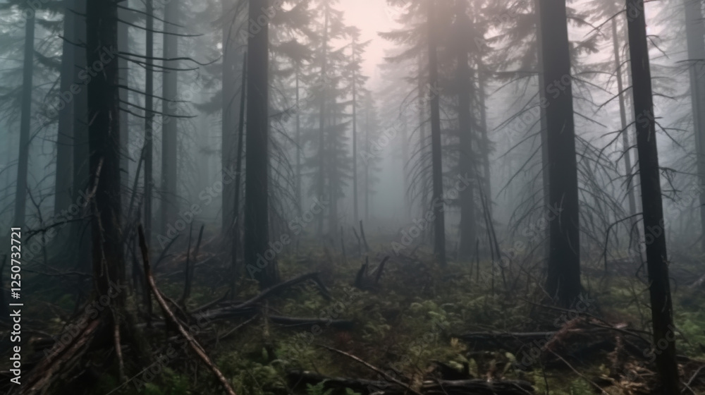 Fototapeta premium Misty Forest Path, Dark Trees, Fog - Dark moody atmospheres