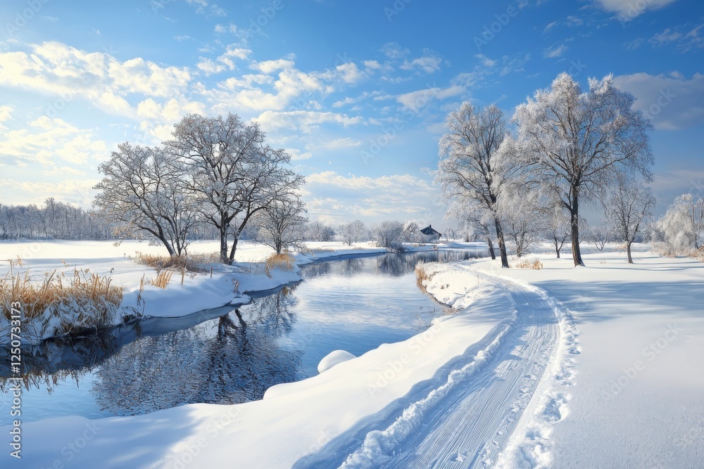 Obraz premium Winter's embrace a serene snow-covered landscape with gentle light filtering through trees by a tranquil river