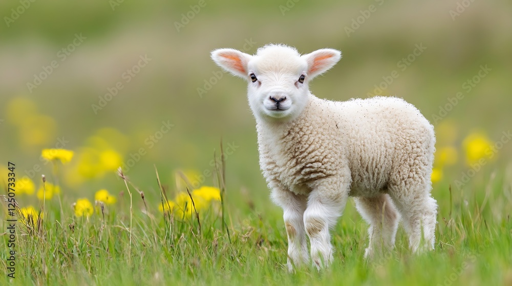 Adorable young lamb standing in a vibrant green meadow filled with yellow flowers under soft sunlight : Generative AI Adorable young lamb standing in a vibrant green meadow filled with yellow flowers under soft sunlight : Generative AI