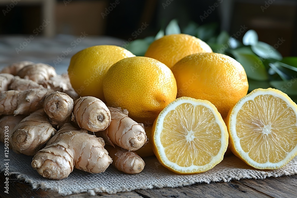 Fresh ginger and lemons arranged on a rustic table in natural light for culinary inspiration and healthy living Fresh ginger and lemons arranged on a rustic table in natural light for culinary inspiration and healthy living