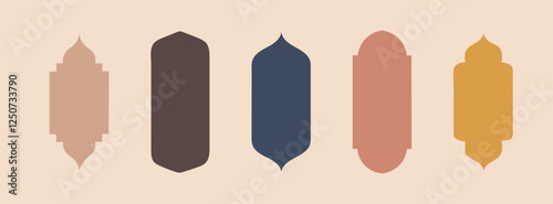 Collection of oriental style Islamic ramadan kareem and eid mubarak windows and arches with modern style design, door mosque, mosque dome and lanterns. Ramadan and eid mubarak