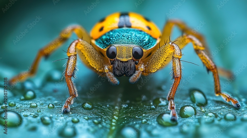 Colorful spider on dewy leaf, macro shot, nature Colorful spider on dewy leaf, macro shot, nature