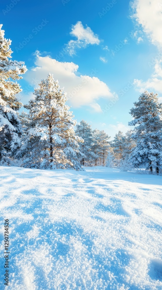 Fototapeta premium Serene snowfall landscape winter forest nature photography crisp environment wide-angle view tranquil concept