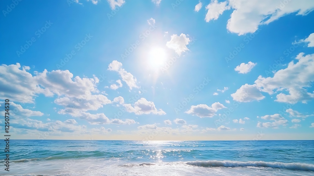 Fototapeta premium Bright sunny day at the beach with gentle waves and a vibrant blue sky filled with fluffy clouds : Generative AI