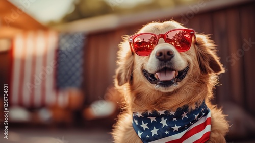 Dog Wearing Patriotic Sunglasses and Bandana, Independence Day Concept.