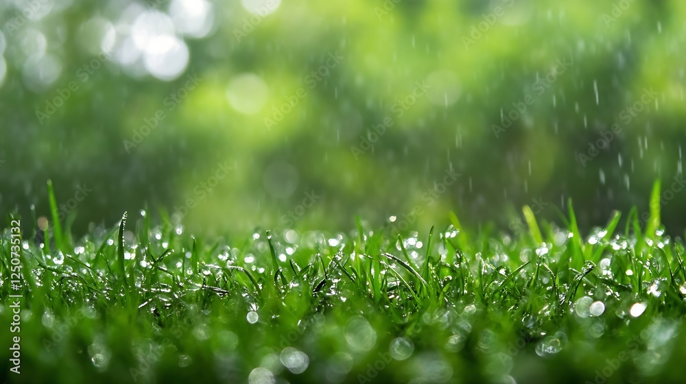 Close up view of vibrant green grass with rain droplets illustrating refreshing nature in a tranquil setting : Generative AI Close up view of vibrant green grass with rain droplets illustrating refreshing nature in a tranquil setting : Generative AI