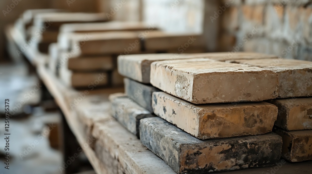 Rustic Stacked Stone Bricks in an Old Workshop Setting : Generative AI