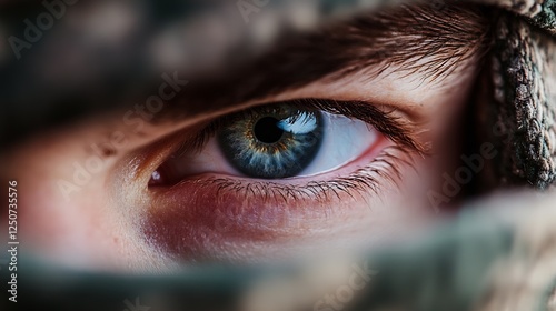 Close up of a soldier's eye showcasing intense focus and determination in a combat environment : Generative AI photo