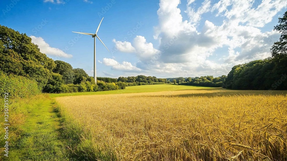 Wind turbine in golden field, pathway, woodland background Wind turbine in golden field, pathway, woodland background