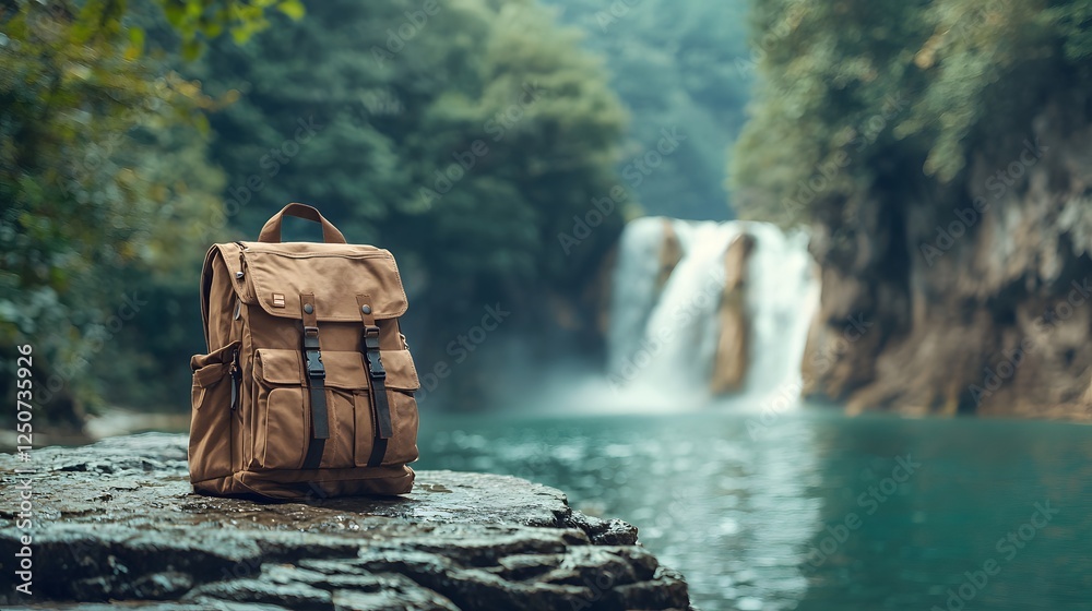 Fototapeta premium Captivating Turquoise Waterfall Cascading Through Verdant Jungle Landscape With Backpack Resting On Rocks In Foreground Scenic Natural Environment