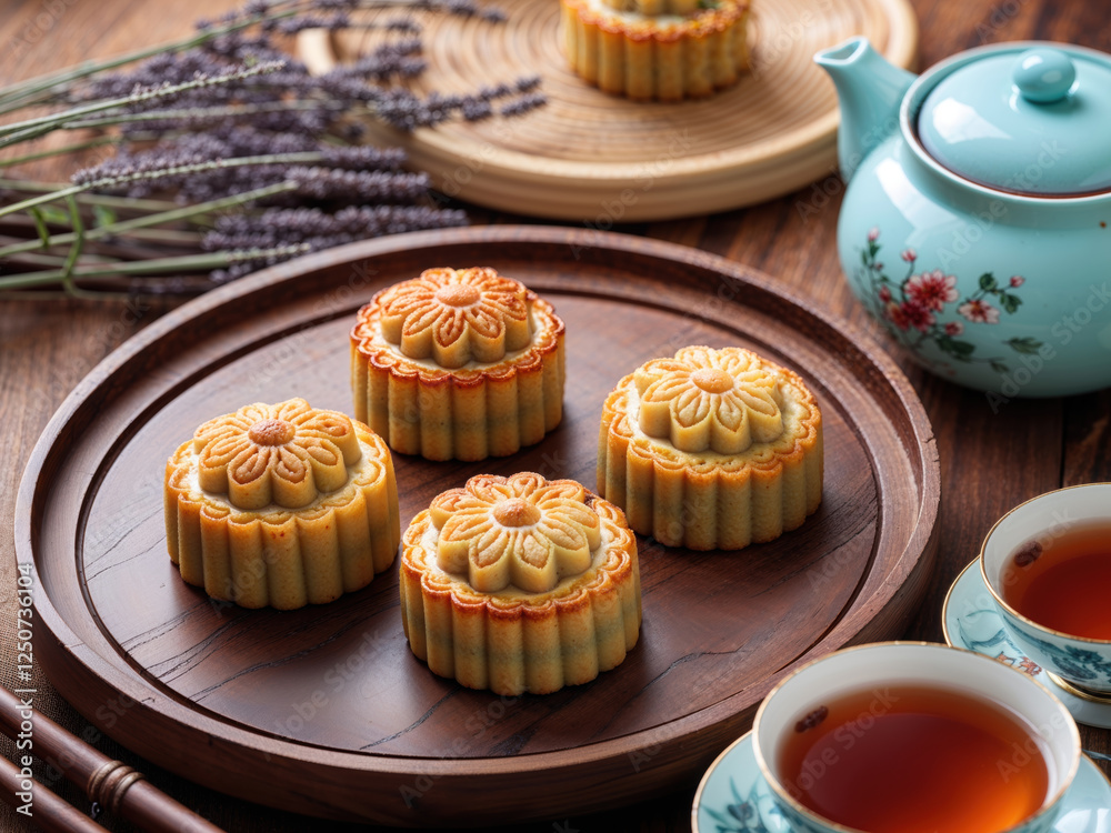 Mooncakes and Tea on Wooden Tray Mooncakes and Tea on Wooden Tray