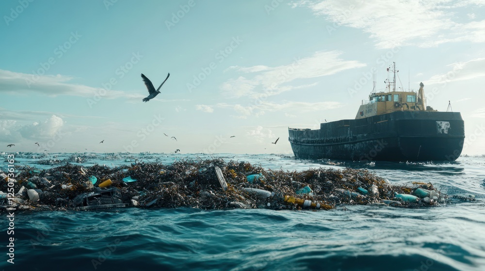 Fototapeta premium Ocean pollution with plastic waste and abandoned ship, seagulls fly over