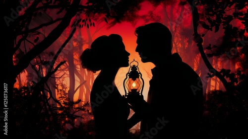 Silhouetted Couple Tenderly Embracing and Kissing Under the Soft Warm Glow of a Hanging Lantern in a Romantic Nighttime Setting