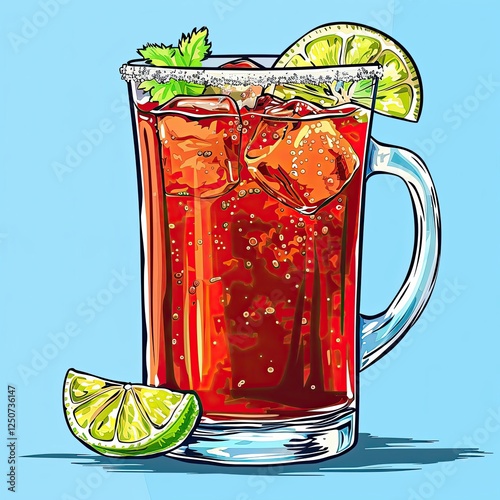 Vibrant michelada mix in a glass pint with a salted rim and lime garnishes