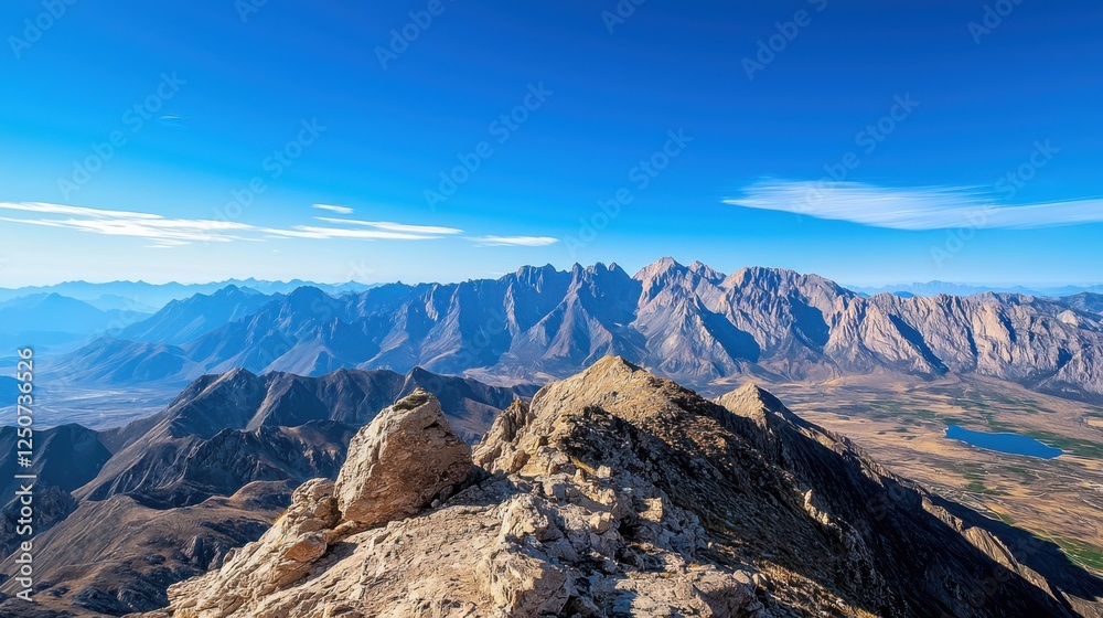 Majestic jagged mountains under clear skies wide-angle view nature landscape frigid topography sharp shadows Majestic jagged mountains under clear skies wide-angle view nature landscape frigid topography sharp shadows