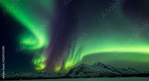 Aurora Borealis over Snowy Mountains at night photo